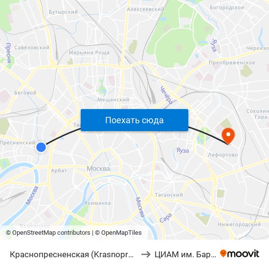 Краснопресненская (Krasnopresnenskaya) to ЦИАМ им. Баранова map