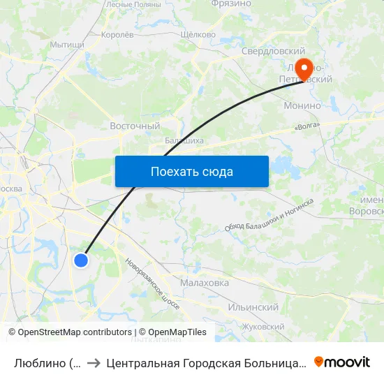 Люблино (Lyublino) to Центральная Городская Больница Г. Лосино-Петровский map