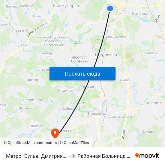 Метро "Бульв. Дмитрия Донского" to Районная Больница Кузнечики map