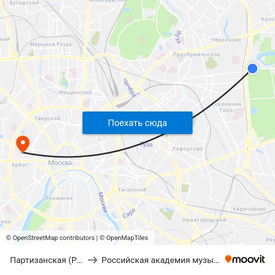 Партизанская (Partizanskaya) to Российская академия музыки имени Гнесиных map
