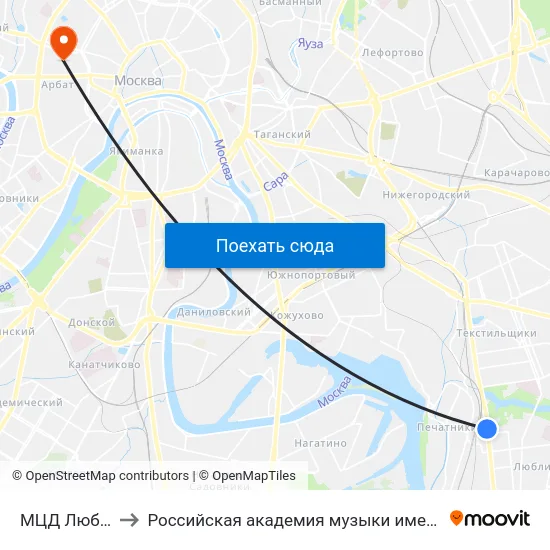 МЦД Люблино to Российская академия музыки имени Гнесиных map