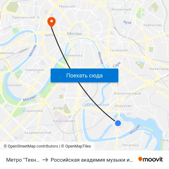 Метро "Технопарк" to Российская академия музыки имени Гнесиных map