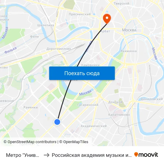 Метро "Университет" to Российская академия музыки имени Гнесиных map