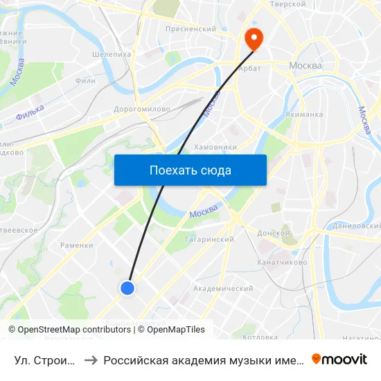 Ул. Строителей to Российская академия музыки имени Гнесиных map
