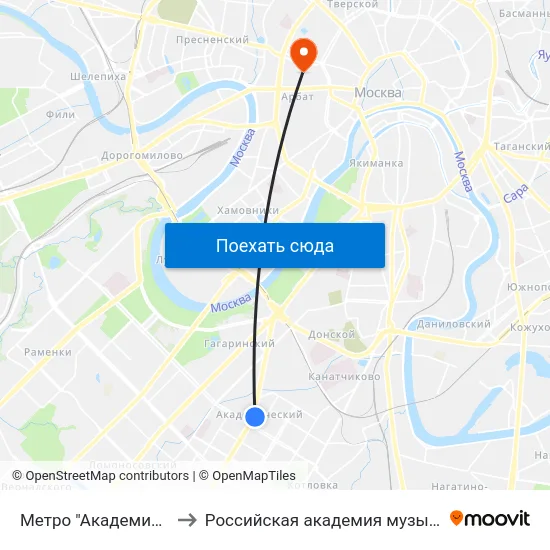 Метро "Академическая" (сев.) to Российская академия музыки имени Гнесиных map