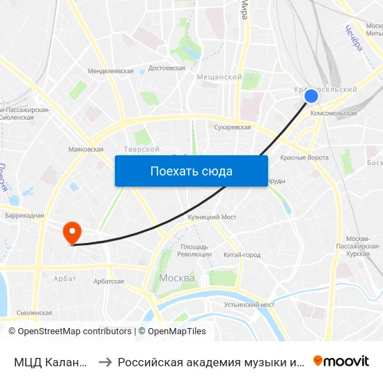 МЦД Каланчёвская to Российская академия музыки имени Гнесиных map