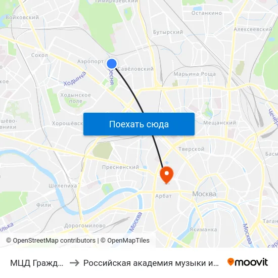 МЦД Гражданская to Российская академия музыки имени Гнесиных map