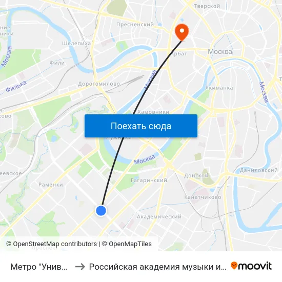 Метро "Университет" to Российская академия музыки имени Гнесиных map