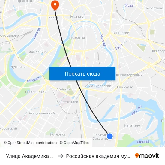 Улица Академика Миллионщикова to Российская академия музыки имени Гнесиных map