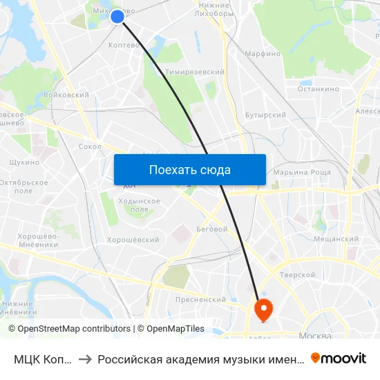 МЦК Коптево to Российская академия музыки имени Гнесиных map