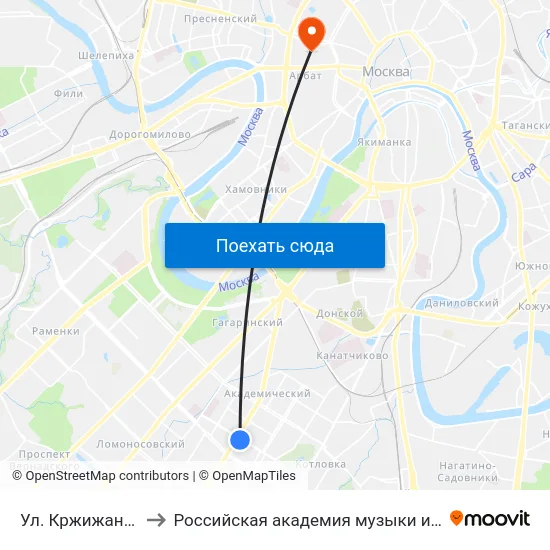 Ул. Кржижановского to Российская академия музыки имени Гнесиных map