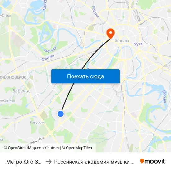Метро Юго-Западная to Российская академия музыки имени Гнесиных map