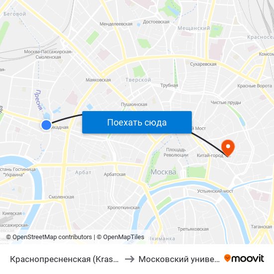 Краснопресненская (Krasnopresnenskaya) to Московский университет МВД map