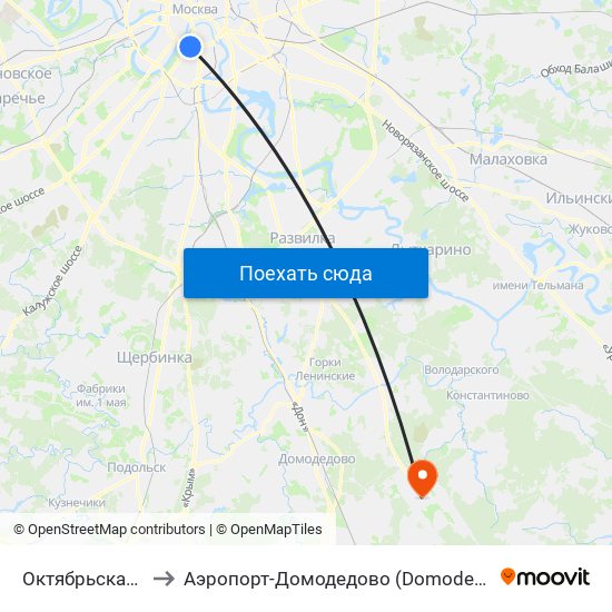 Октябрьская (Oktyabrskaya) to Аэропорт-Домодедово (Domodedovo Airport, Aeropuerto Domodedovo) map