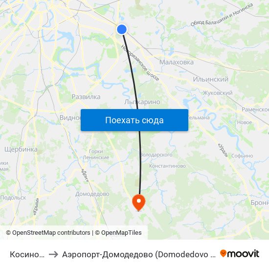 Косино (Kosino) to Аэропорт-Домодедово (Domodedovo Airport, Aeropuerto Domodedovo) map