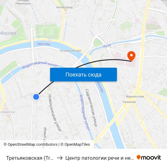 Третьяковская (Tretyakovskaya) to Центр патологии речи и нейрореабилитации map