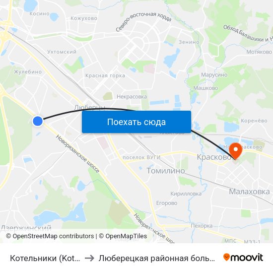 Котельники (Kotelniki) to Люберецкая районная больница № 1 map