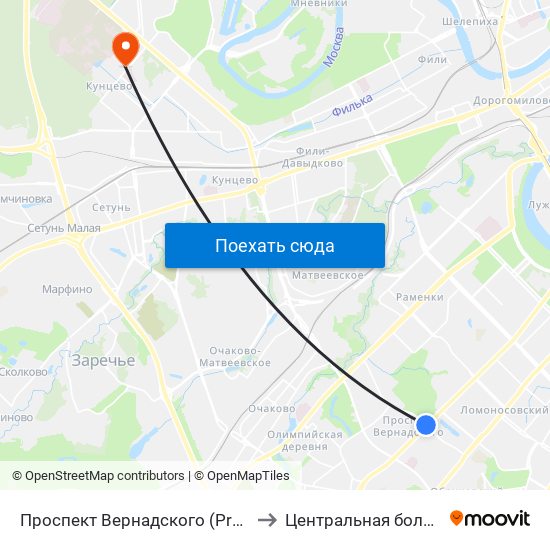 Проспект Вернадского (Prospekt Vernadskogo) to Центральная больница МВД РФ map