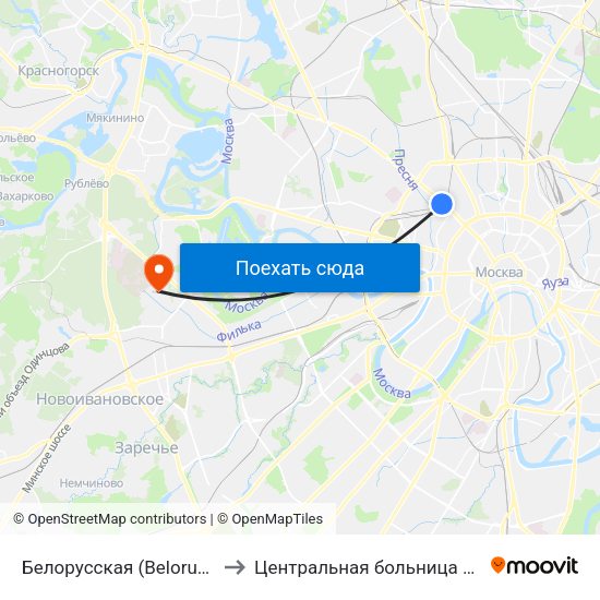 Белорусская (Belorusskaya) to Центральная больница МВД РФ map