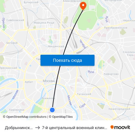 Добрынинская (Dobryninskaya) to 7-й центральный военный клинический авиационный госпиталь МО РФ map