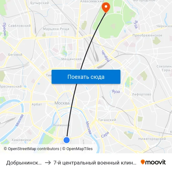Добрынинская (Dobryninskaya) to 7-й центральный военный клинический авиационный госпиталь МО РФ map