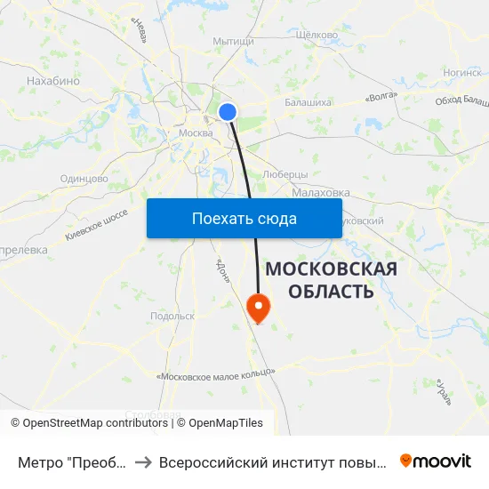 Метро "Преображенская пл." to Всероссийский институт повышения квалификации МВД РФ map
