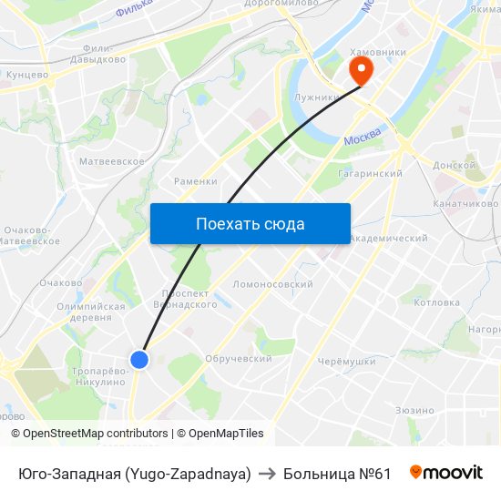 Юго-Западная (Yugo-Zapadnaya) to Больница №61 map