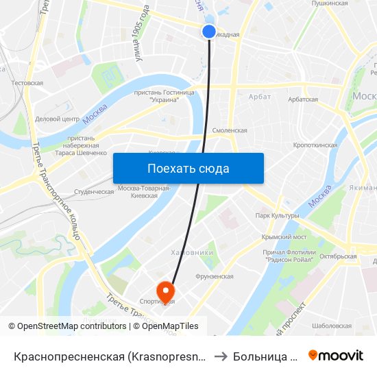 Краснопресненская (Krasnopresnenskaya) to Больница №61 map