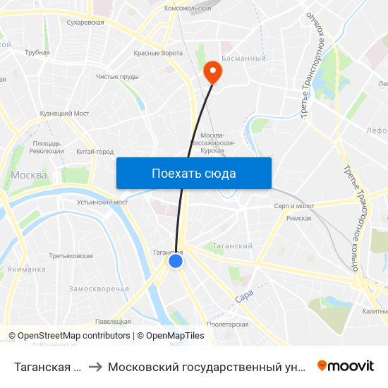 Таганская (Taganskaya) to Московский государственный университет геодезии и картографии map