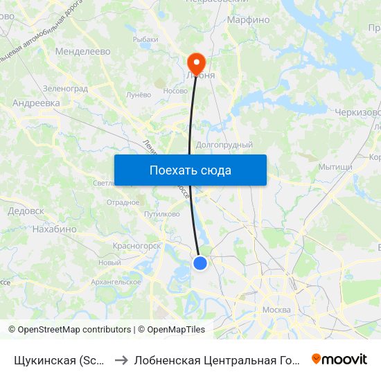 Щукинская (Schukinskaya) to Лобненская Центральная Городская Больница map
