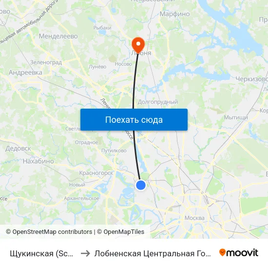 Щукинская (Schukinskaya) to Лобненская Центральная Городская Больница map