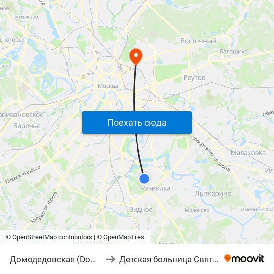Домодедовская (Domodedovskaya) to Детская больница Святого Владимира map