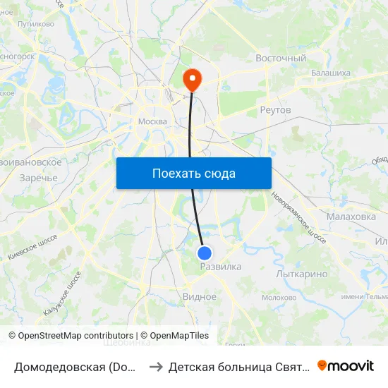 Домодедовская (Domodedovskaya) to Детская больница Святого Владимира map