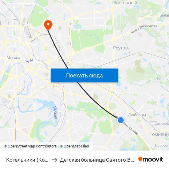 Котельники (Kotelniki) to Детская больница Святого Владимира map