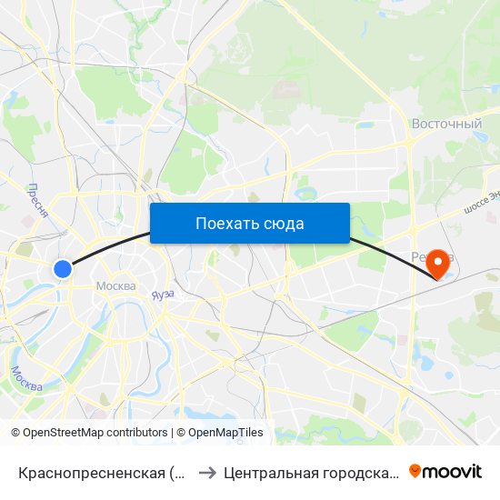 Краснопресненская (Krasnopresnenskaya) to Центральная городская больница г. Реутов map