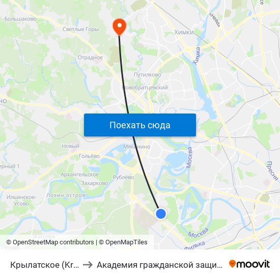 Крылатское (Krylatskoe) to Академия гражданской защиты МЧС России map