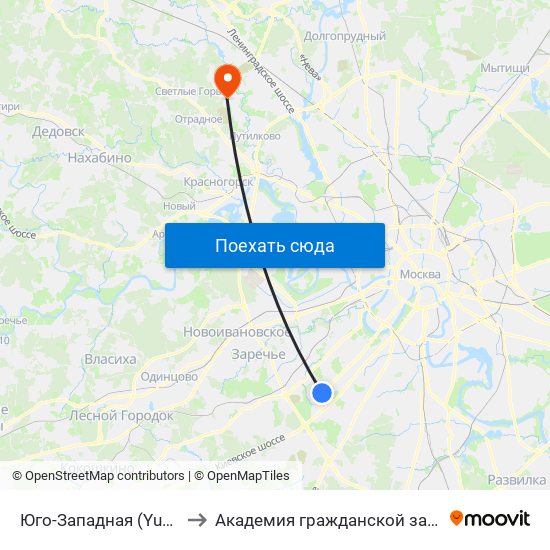 Юго-Западная (Yugo-Zapadnaya) to Академия гражданской защиты МЧС России map