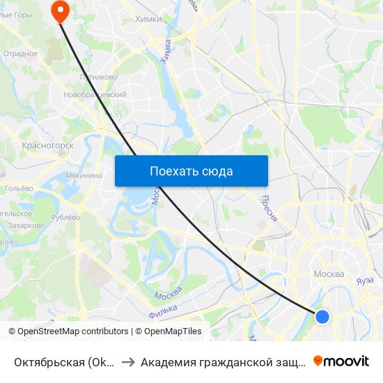 Октябрьская (Oktyabrskaya) to Академия гражданской защиты МЧС России map