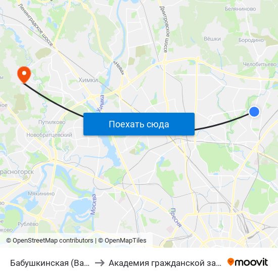 Бабушкинская (Babushkinskaya) to Академия гражданской защиты МЧС России map