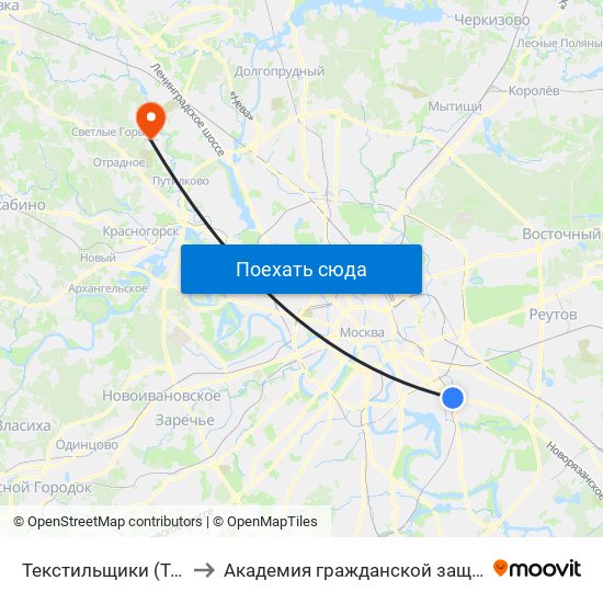 Текстильщики (Tekstilschiki) to Академия гражданской защиты МЧС России map