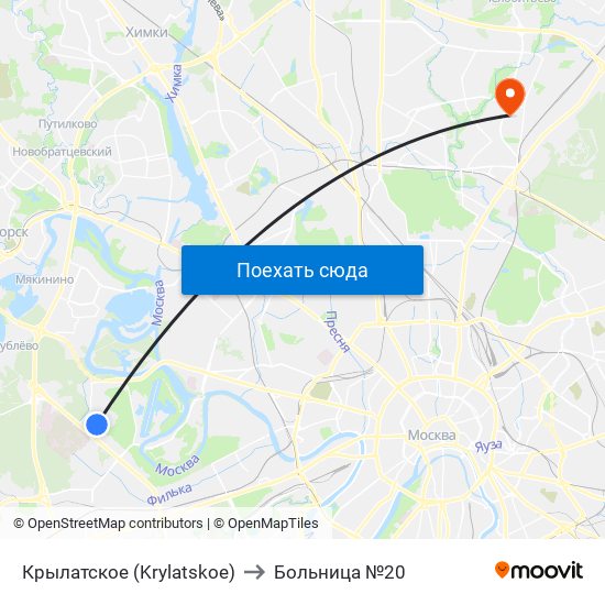 Крылатское (Krylatskoe) to Больница №20 map