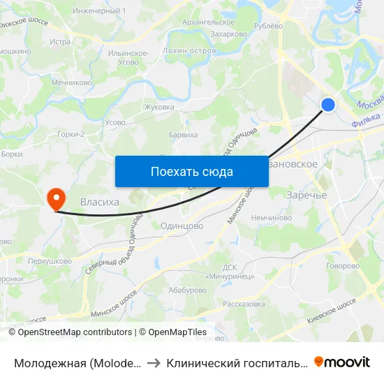 Молодежная (Molodezhnaya) to Клинический госпиталь Лапино map
