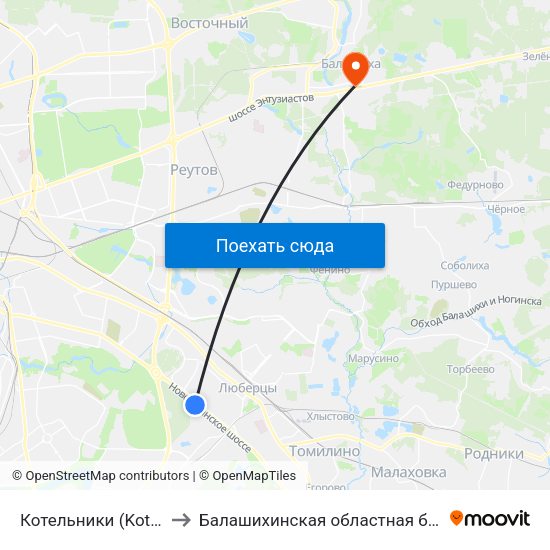 Котельники (Kotelniki) to Балашихинская областная больница map