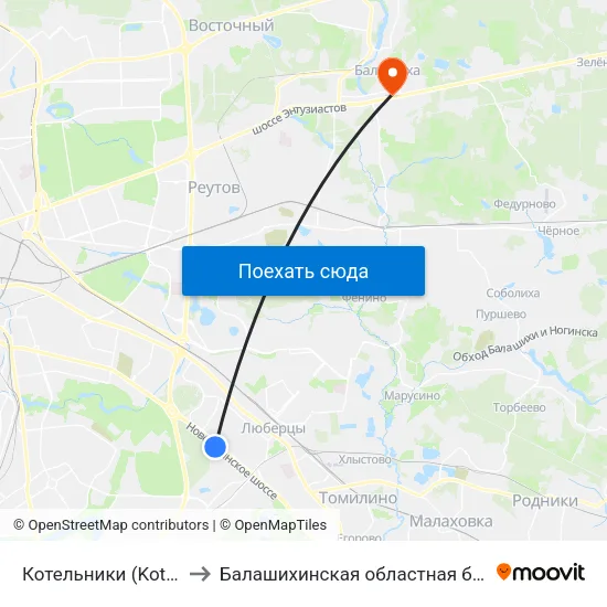 Котельники (Kotelniki) to Балашихинская областная больница map