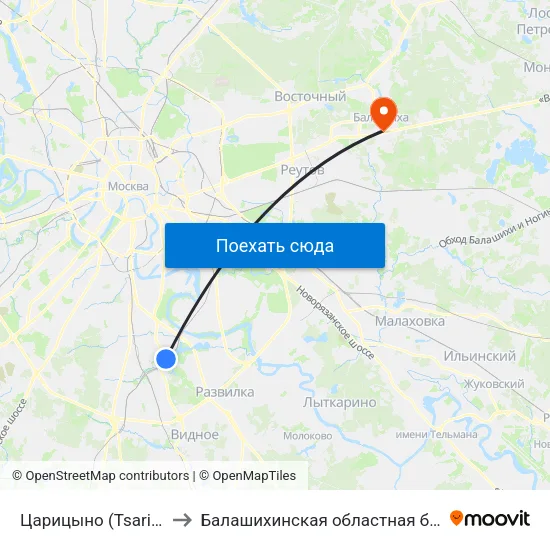 Царицыно (Tsaritsyno) to Балашихинская областная больница map