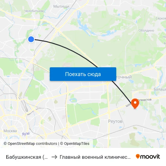 Бабушкинская (Babushkinskaya) to Главный военный клинический госпиталь Росгвардии map