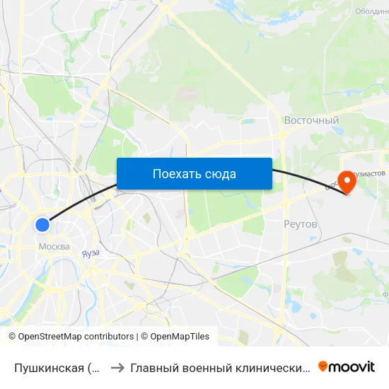 Пушкинская (Pushkinskaya) to Главный военный клинический госпиталь Росгвардии map