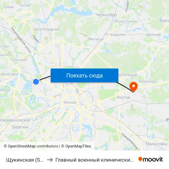 Щукинская (Schukinskaya) to Главный военный клинический госпиталь Росгвардии map