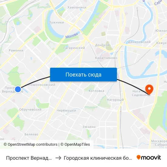 Проспект Вернадского (Prospekt Vernadskogo) to Городская клиническая больница имени С. С. Юдина. Территория М1 map