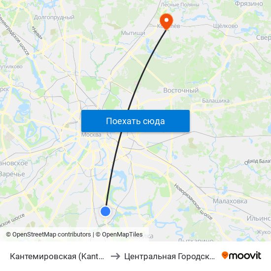 Кантемировская (Kantemirovskaya) to Центральная Городская больница map